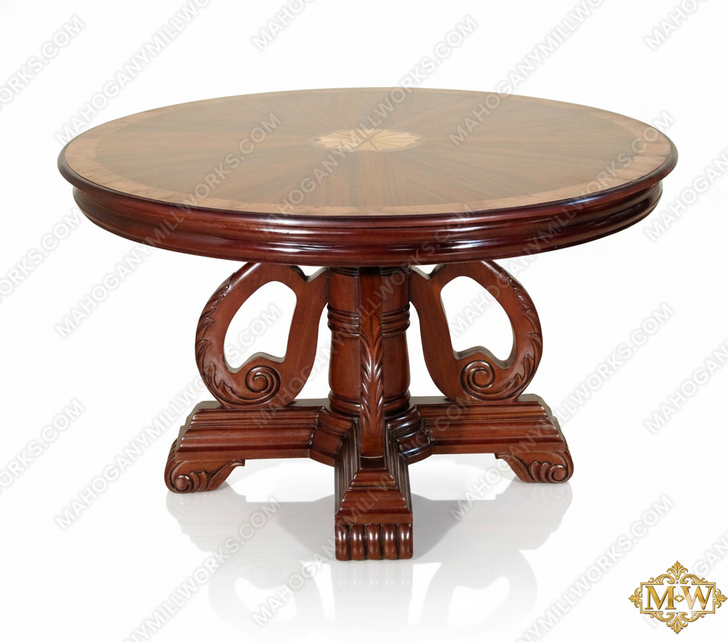 52" Round Walnut & Burl Inlay Pedestal Dining Table