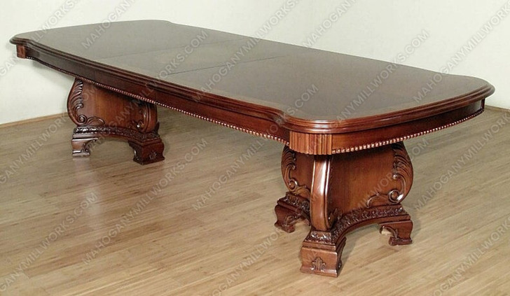 Burl Inlay Double Pedestal Dining Table w/ Leaf Extensions