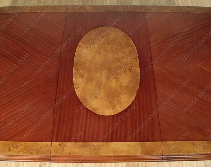 Mahogany Burl Inlay Double Pedestal Dining or Conference Table w/ Leaf Extensions