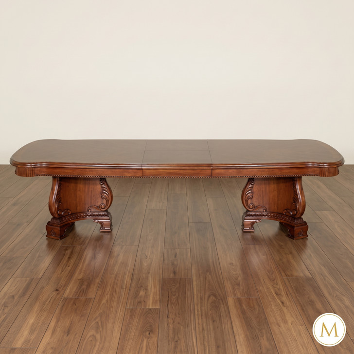 Burl Inlay Double Pedestal Dining Table w/ Leaf Extensions