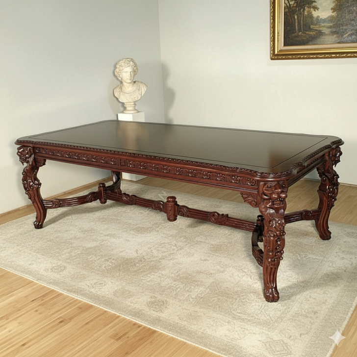 8ft Mahogany Gothic Rectangular Dining or Conference Table w/ Lion Figures