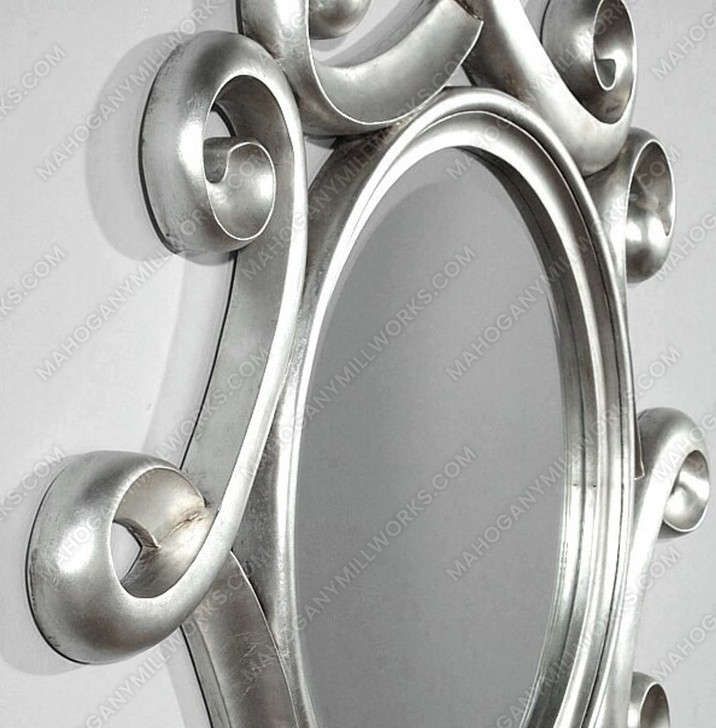 Mahogany Silver Wall Hanging Scroll Frame Round Mirror - MBWJMR073-S