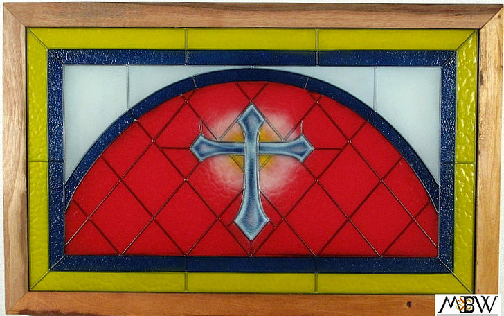 Stained Glass Replica Cross w/ Red Background Religious Leaded Window