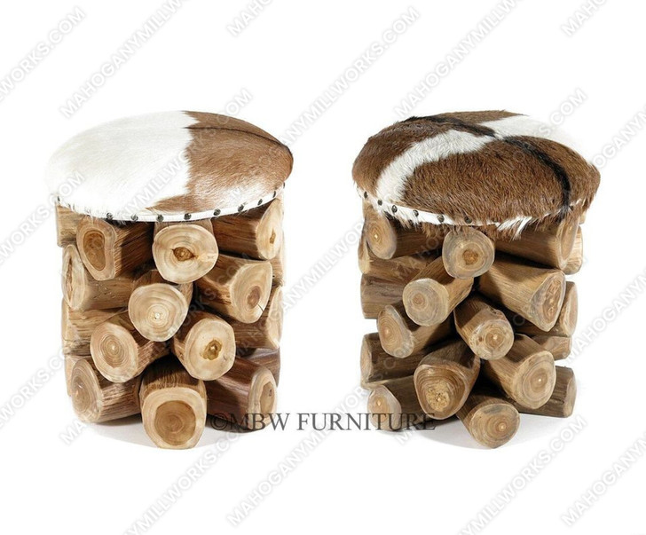 Pair 2 Rustic Teak Root Round Occasional Goat Hide Chairs Stools