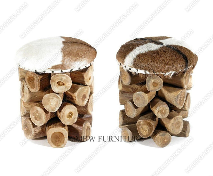 Pair 2 Rustic Teak Root Round Occasional Goat Hide Chairs Stools