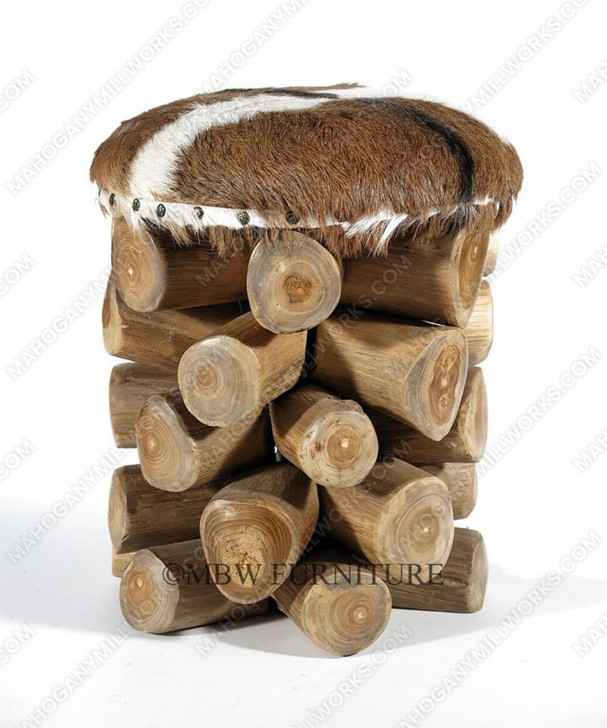 Pair 2 Rustic Teak Root Round Occasional Goat Hide Chairs Stools