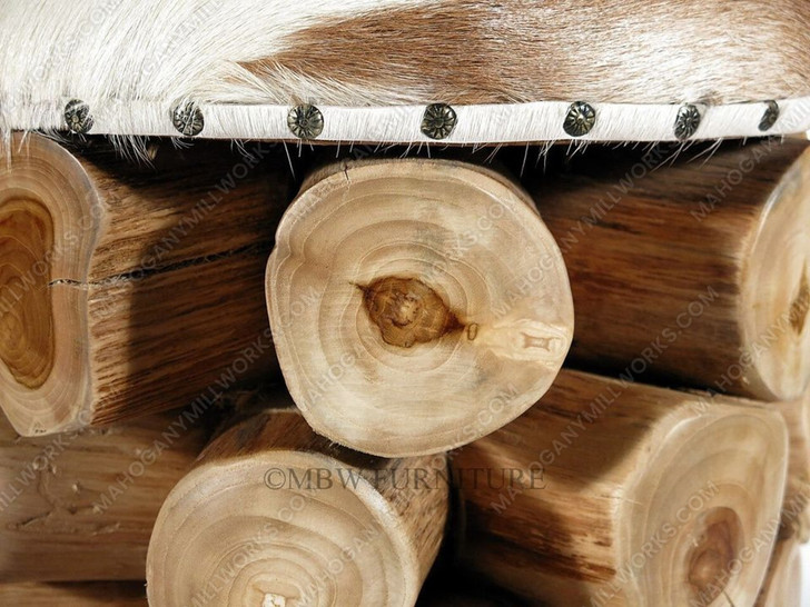 Pair 2 Rustic Teak Root Round Occasional Goat Hide Chairs Stools