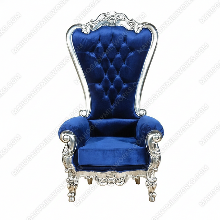 Solid Mahogany Antiqued Silver Baroque Ornate High Back Wing Arm Chair