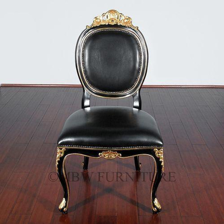 Solid Mahogany Black / Gold Italian Leather Occasional Accent Chair