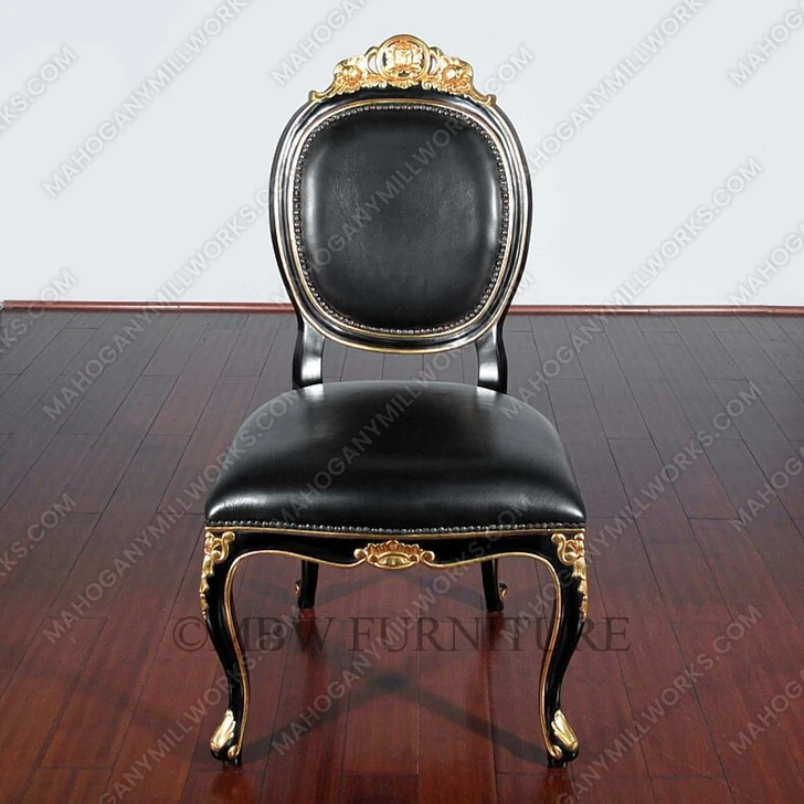 Solid Mahogany Black / Gold Italian Leather Occasional Accent Chair