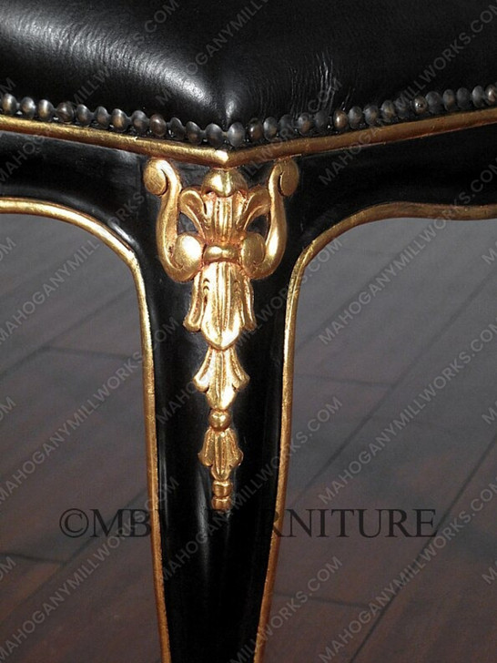 Solid Mahogany Black / Gold Italian Leather Occasional Accent Chair