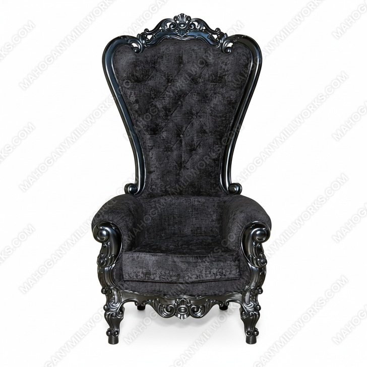 Solid Mahogany Black Baroque Ornate High Back Wing Arm Chair