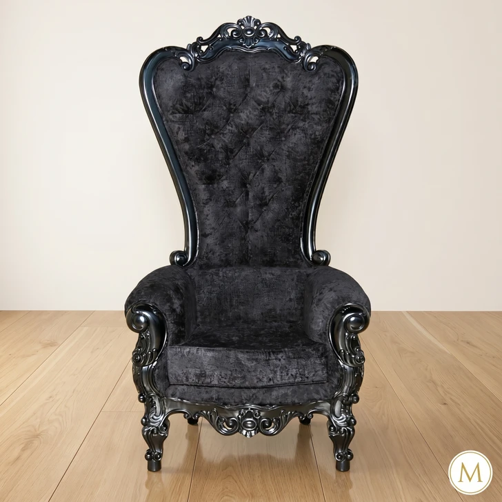 Black Tufted Velvet Throne Chair with Glossy Hand‑Carved Frame