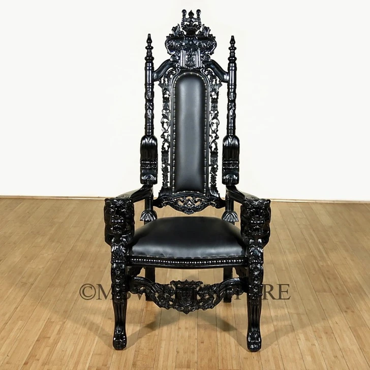Black Gothic Genuine Leather Lion King Throne Chair
