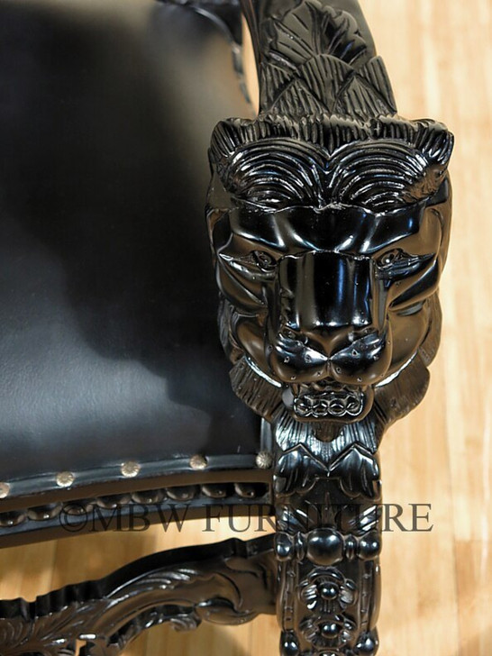 Black Gothic Genuine Leather Lion King Throne Chair
