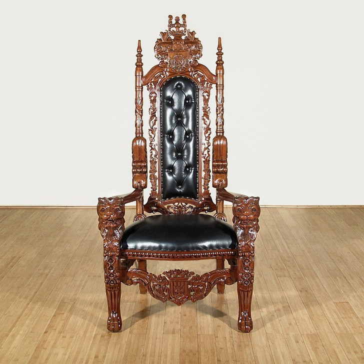 Solid Mahogany Gothic Black Leather Throne Lion Arm Chair