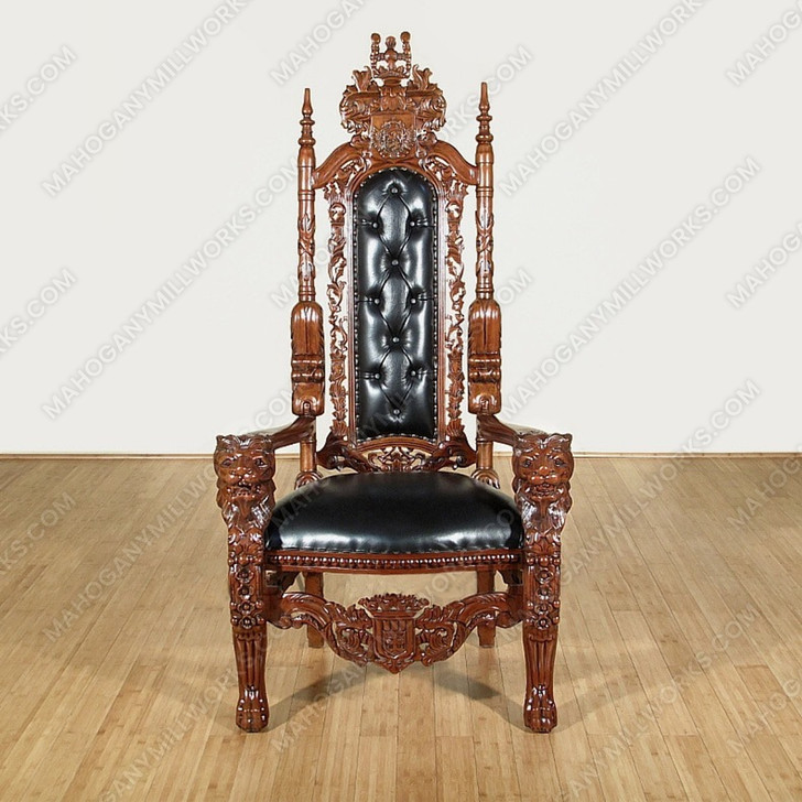 Solid Mahogany Gothic Black Leather Throne Lion Arm Chair