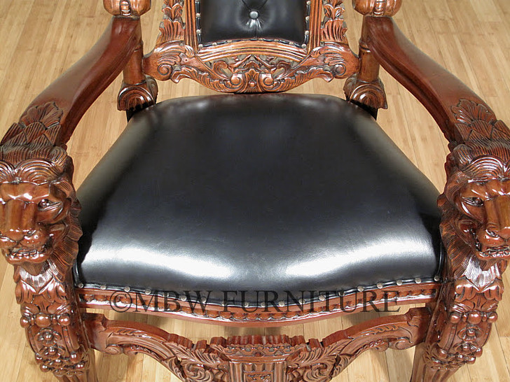 Solid Mahogany Gothic Black Leather Throne Lion Arm Chair