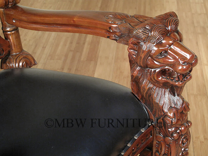 Gothic Black Leather Lion Throne Arm Chair