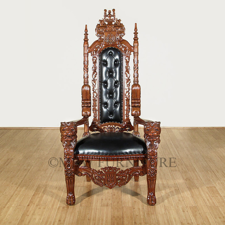 Solid Mahogany Gothic Black Leather Throne Lion Arm Chair