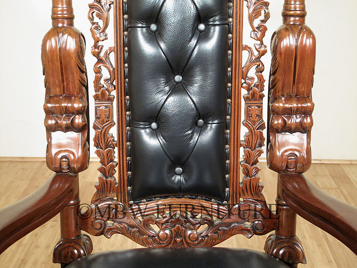 Gothic Black Leather Lion Throne Arm Chair