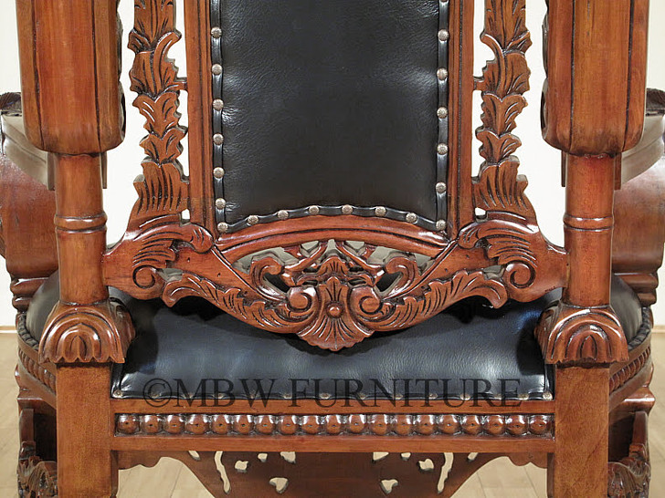 Solid Mahogany Gothic Black Leather Throne Lion Arm Chair