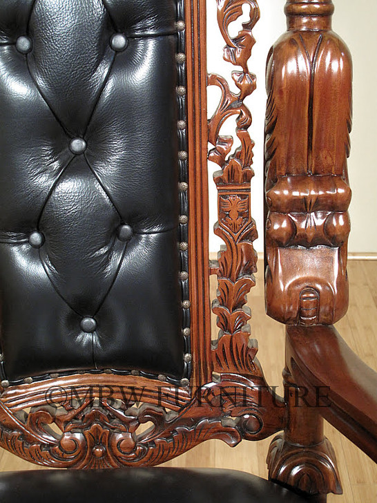 Solid Mahogany Gothic Black Leather Throne Lion Arm Chair