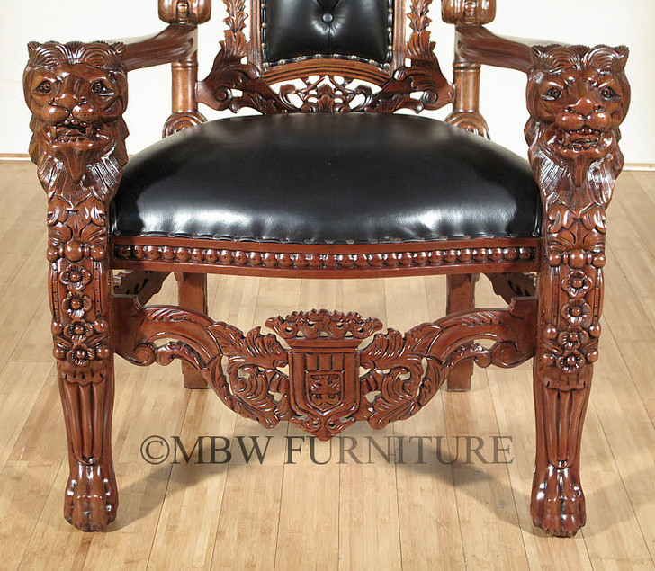 Gothic Black Leather Lion Throne Arm Chair