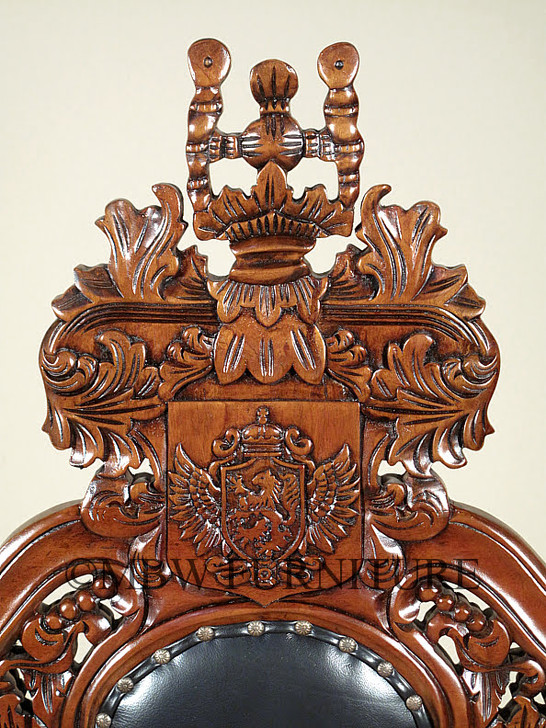 Solid Mahogany Gothic Black Leather Throne Lion Arm Chair