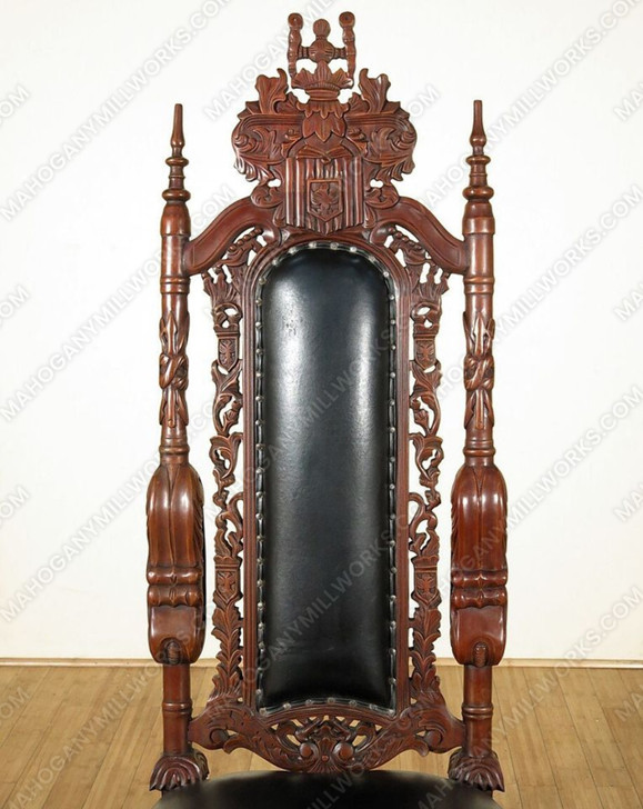 Heavily Carved Lion King Chair w/ Black Leather
