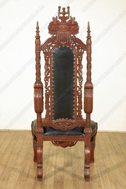 Heavily Carved Lion King Chair w/ Black Leather