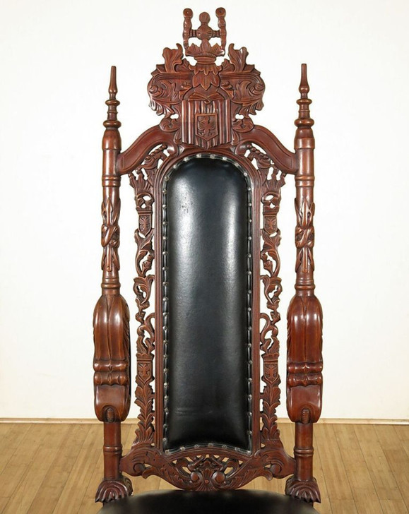 Heavily Carved Lion King Chair w/ Black Leather