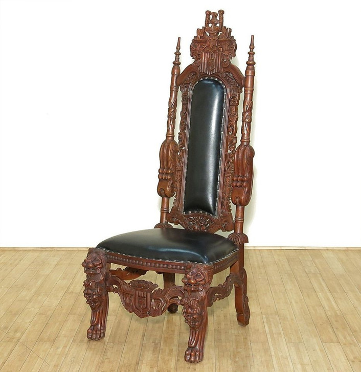 Heavily Carved Lion King Chair w/ Black Leather