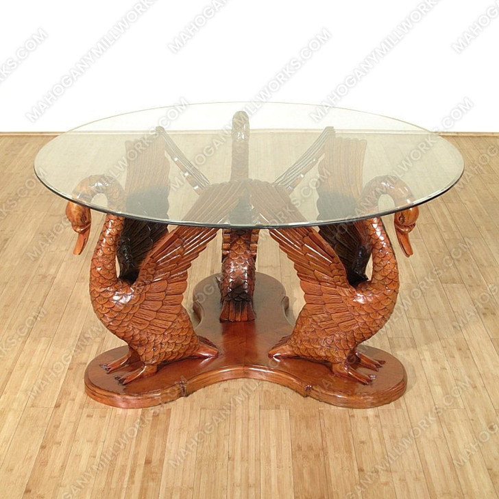 55" Light Mahogany Round Glass Top Table w/ Carved Swans Pedestal Base