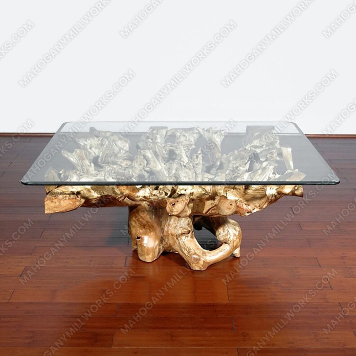 4.5Ft Wide Rustic Solid Teak Root Glass Top Coffee Table