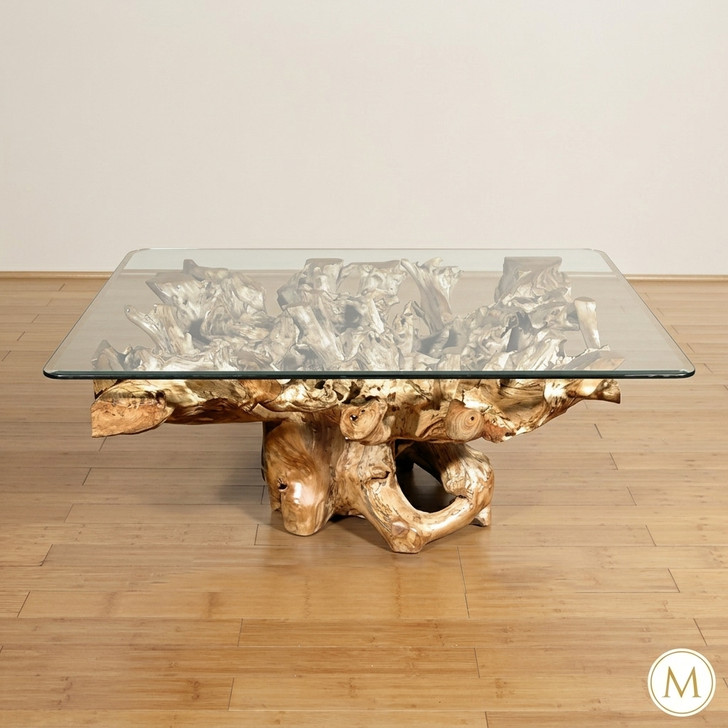 4.5ft Rustic Teak Root Glass Top Coffee Table
