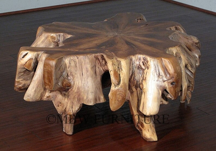 Heavy Rustic Teak Root Coffee Table w/ Glass Top