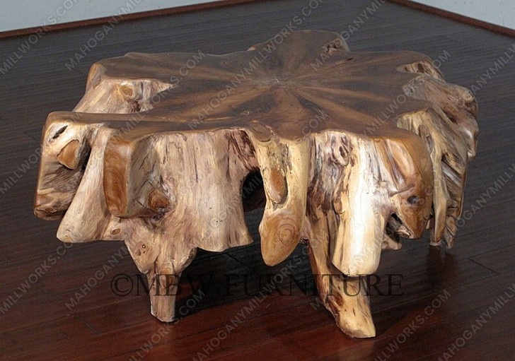 Heavy Rustic Teak Root Coffee Table w/ Glass Top