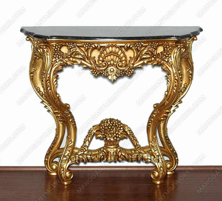 Solid Mahogany Antiqued Gold Ornate Occasional Wall Console Table