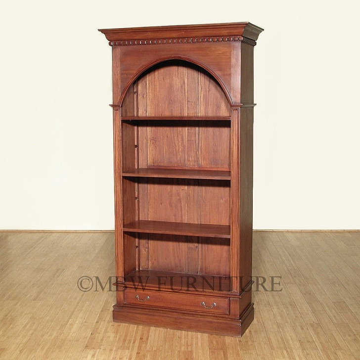 Tall Distressed Mahogany Arched Open Bookcase