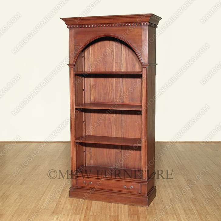 Tall Distressed Mahogany Arched Open Bookcase