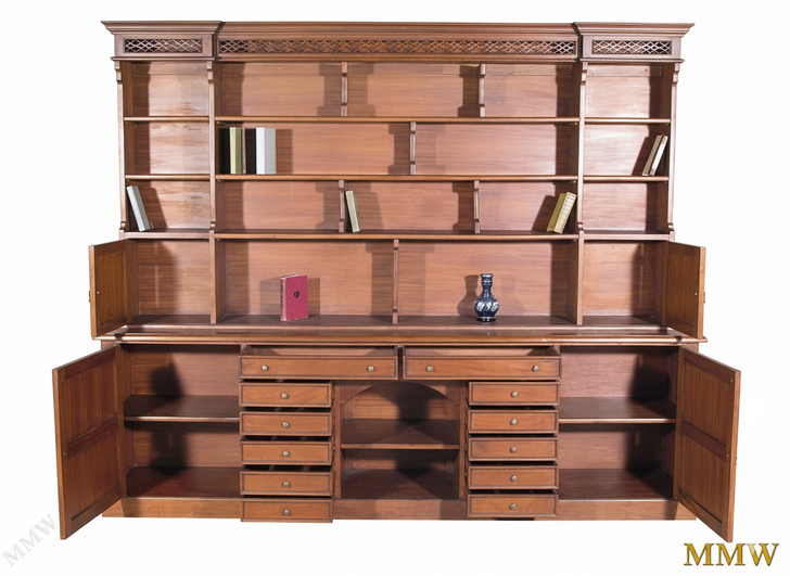 Solid Mahogany Library Wall Bookcase Cabinet with Drawers