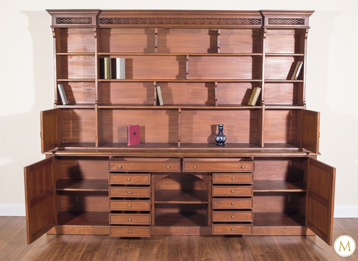 Distressed Mahogany Library Wall Bookcase Cabinet with Drawers