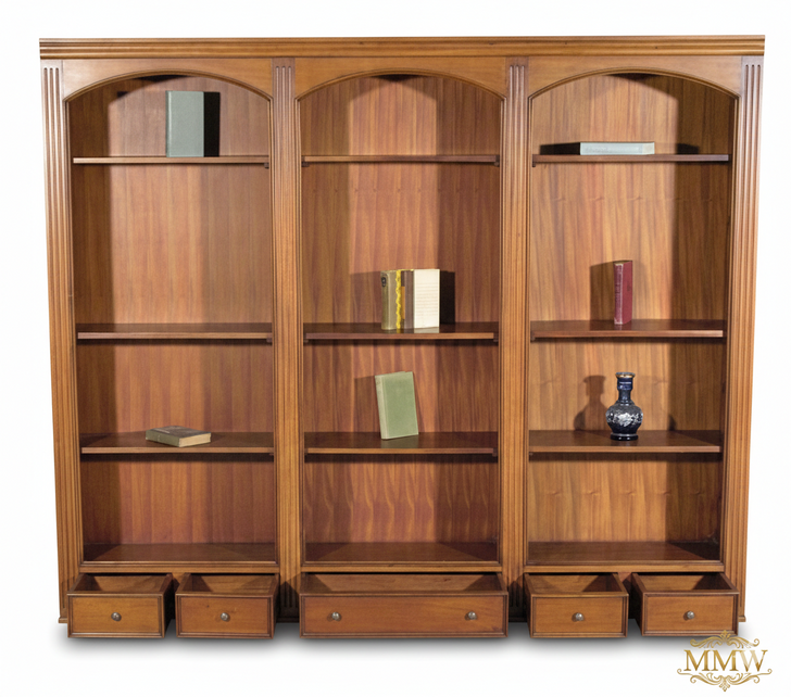 Mahogany Triple Arched Bookcase with Drawers