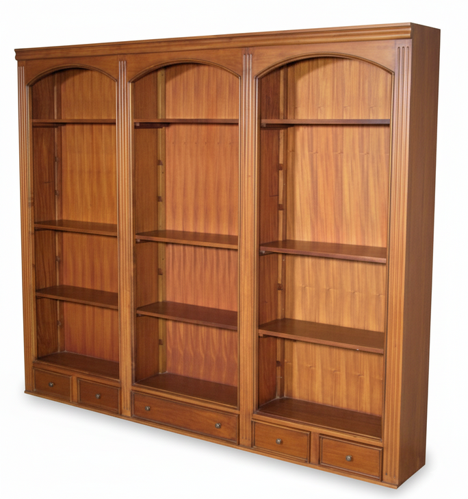Mahogany Triple Arched Bookcase with Drawers