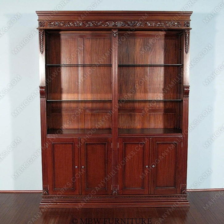 Solid Mahogany 6Ft Open Bookcase Bookshelf w/ Cabinet Storage