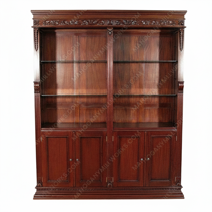 Solid Mahogany 6Ft Open Bookcase Bookshelf w/ Cabinet Storage