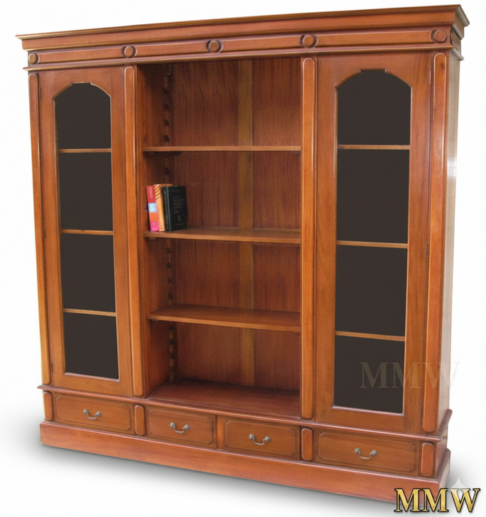 Mahogany Glass Door Bookcase with Drawers