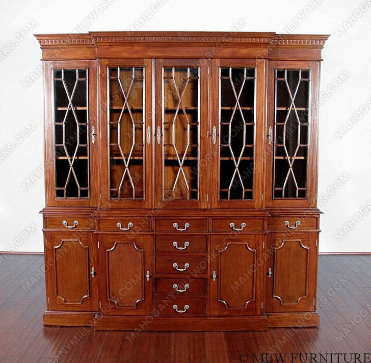 Walnut Victorian Breakfront Bookcase Cabinet