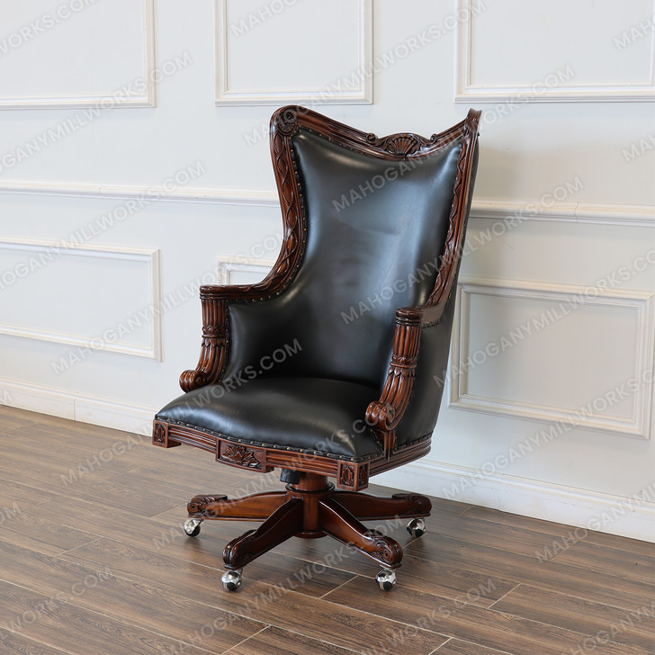 Solid Mahogany Presidential Resolute Black Leather Swivel Office Chair